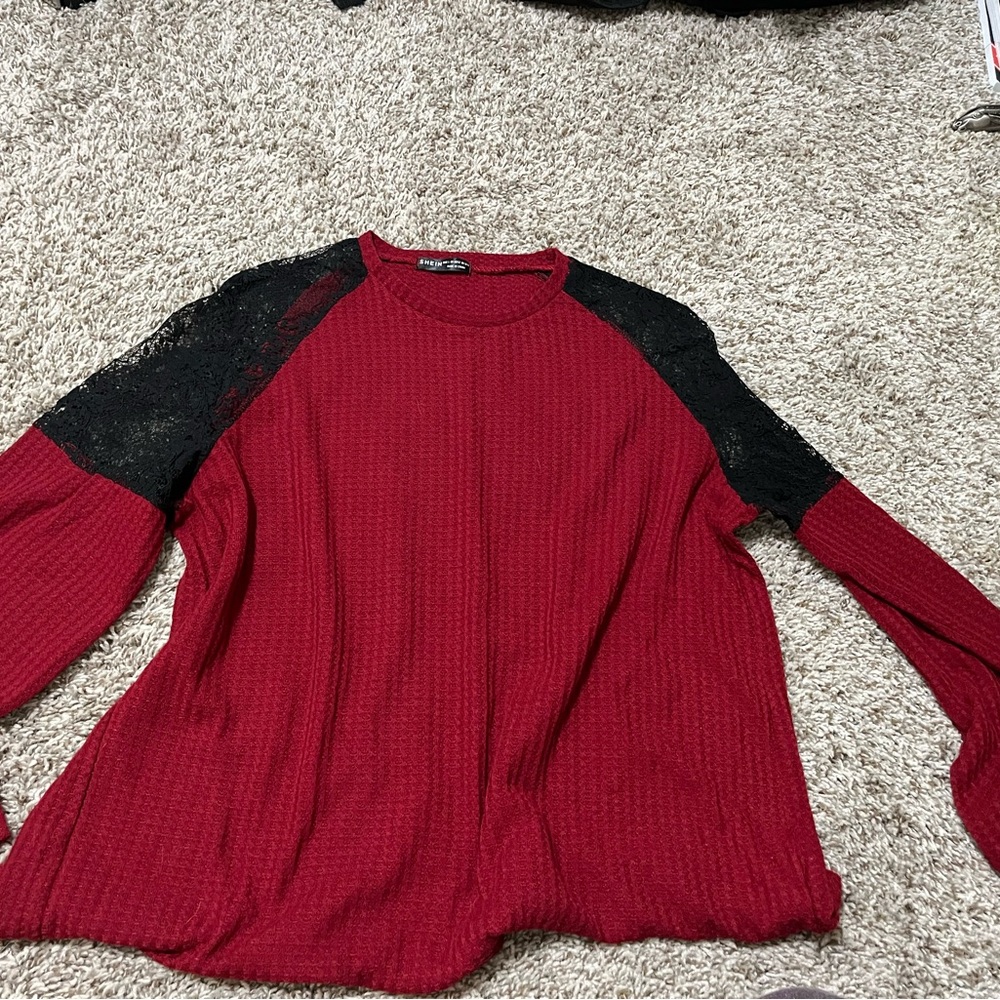 SHEIN Burgundy Top with Black Lace Detail